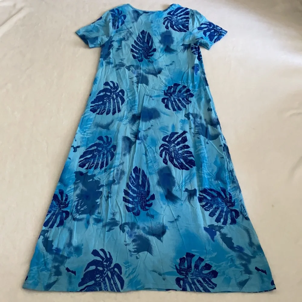 {VTG} Desert Shores | Tropical Palm Tree Leaf Print Short Sleeve Midi Dress Blue - Picture 9 of 15